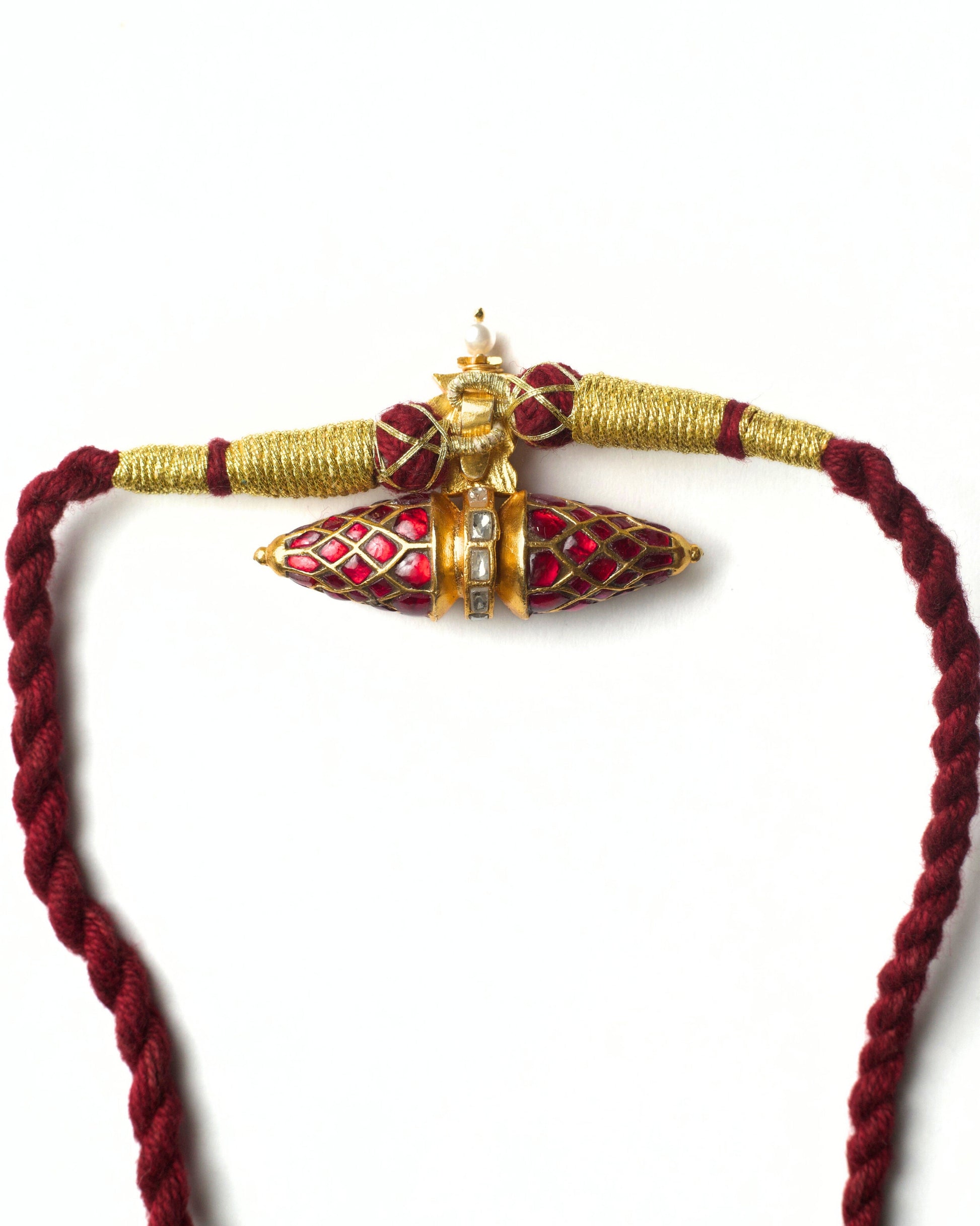 Handcrafted tie amulet choker with kundan cylindrical centre on braided maroon thread, adjustable silver choker by Naksa