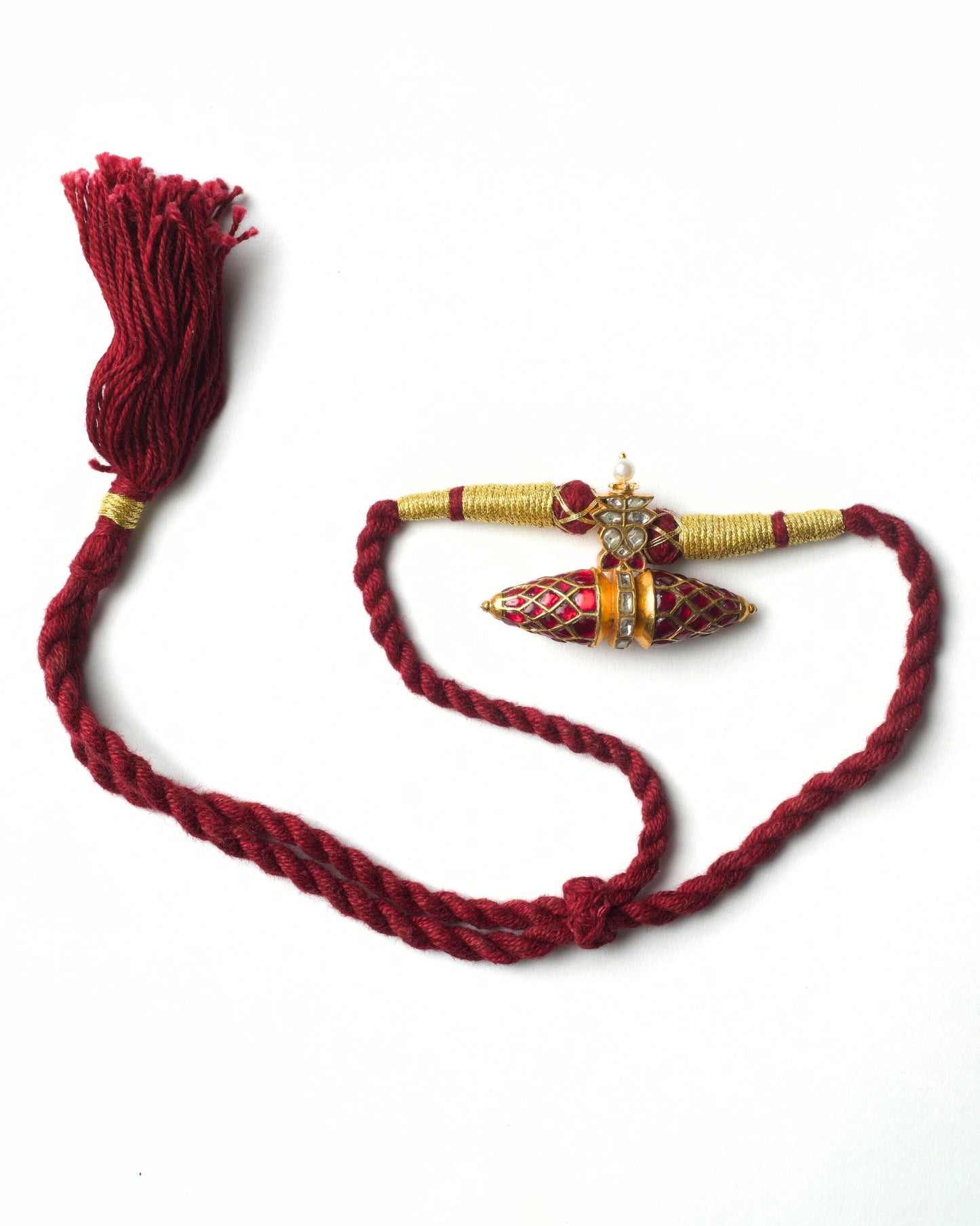 Handcrafted tie amulet choker with kundan cylindrical centre on braided maroon thread, adjustable silver choker by Naksa