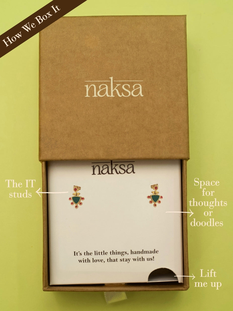 Desi Disco Studs by Naksa—gold-polished 925 silver earrings with green center and red enamel dots in a festive temple-inspired design.