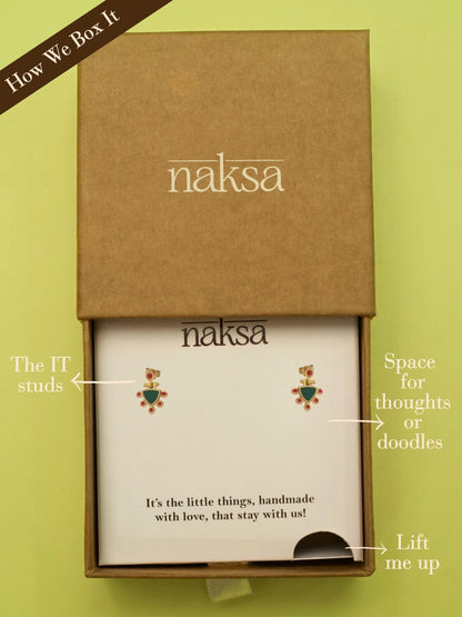 Desi Disco Studs by Naksa—gold-polished 925 silver earrings with green center and red enamel dots in a festive temple-inspired design.
