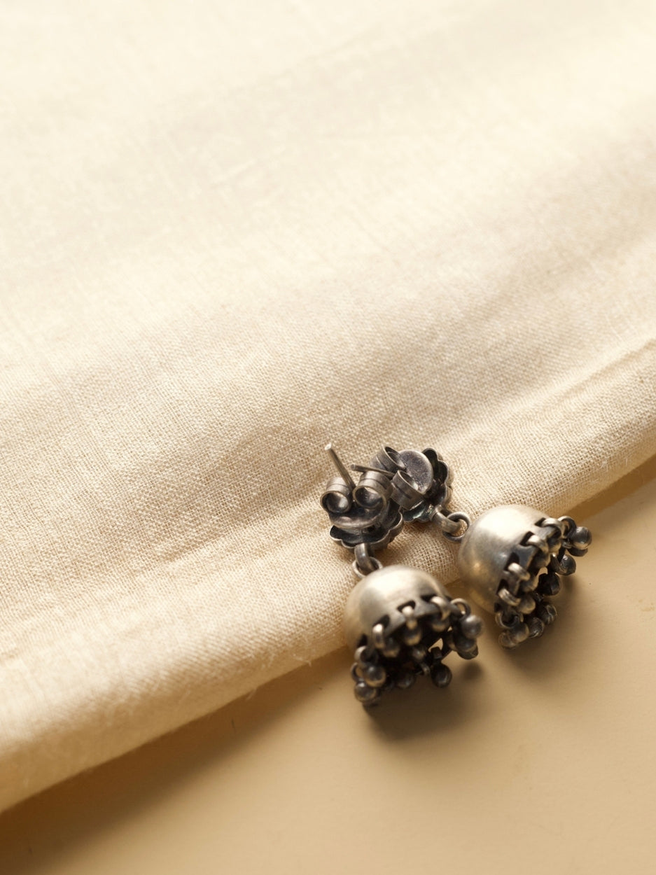Tiny Bloom Earrings – Oxidized 925 Silver with Floral Button & Gungroo Drops
