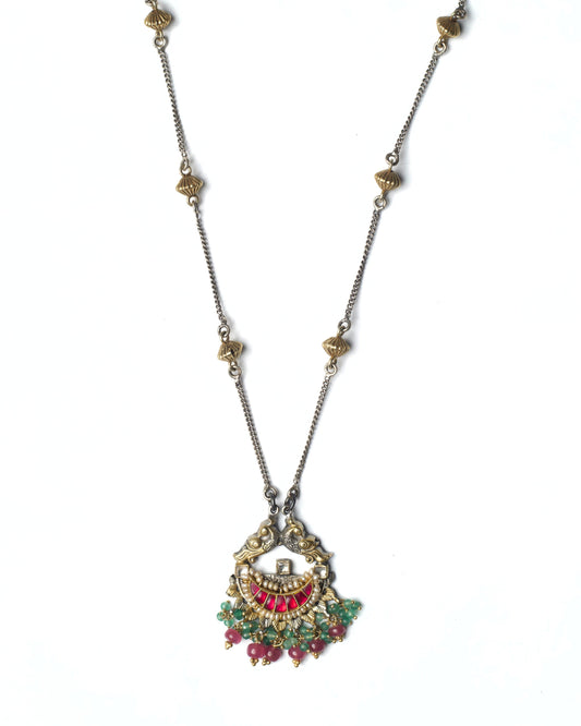 Parrot Arc Chain Necklace in 925 silver with twin parrot motif and kundan-style stone arc
