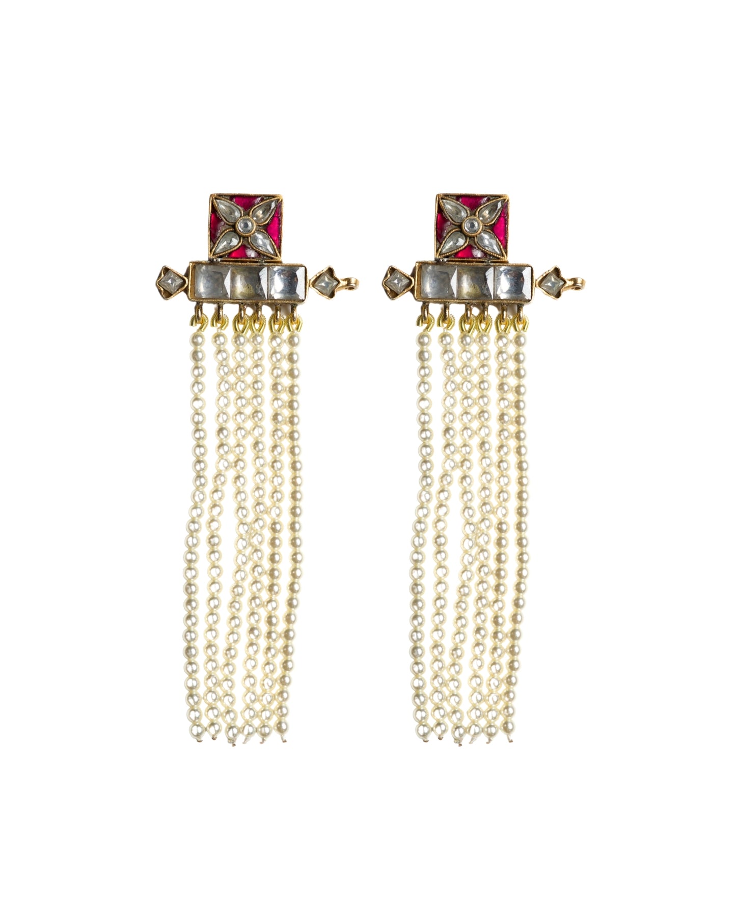 Long pearl tassel earrings in 925 silver with ruby enamel and kundan-style stones