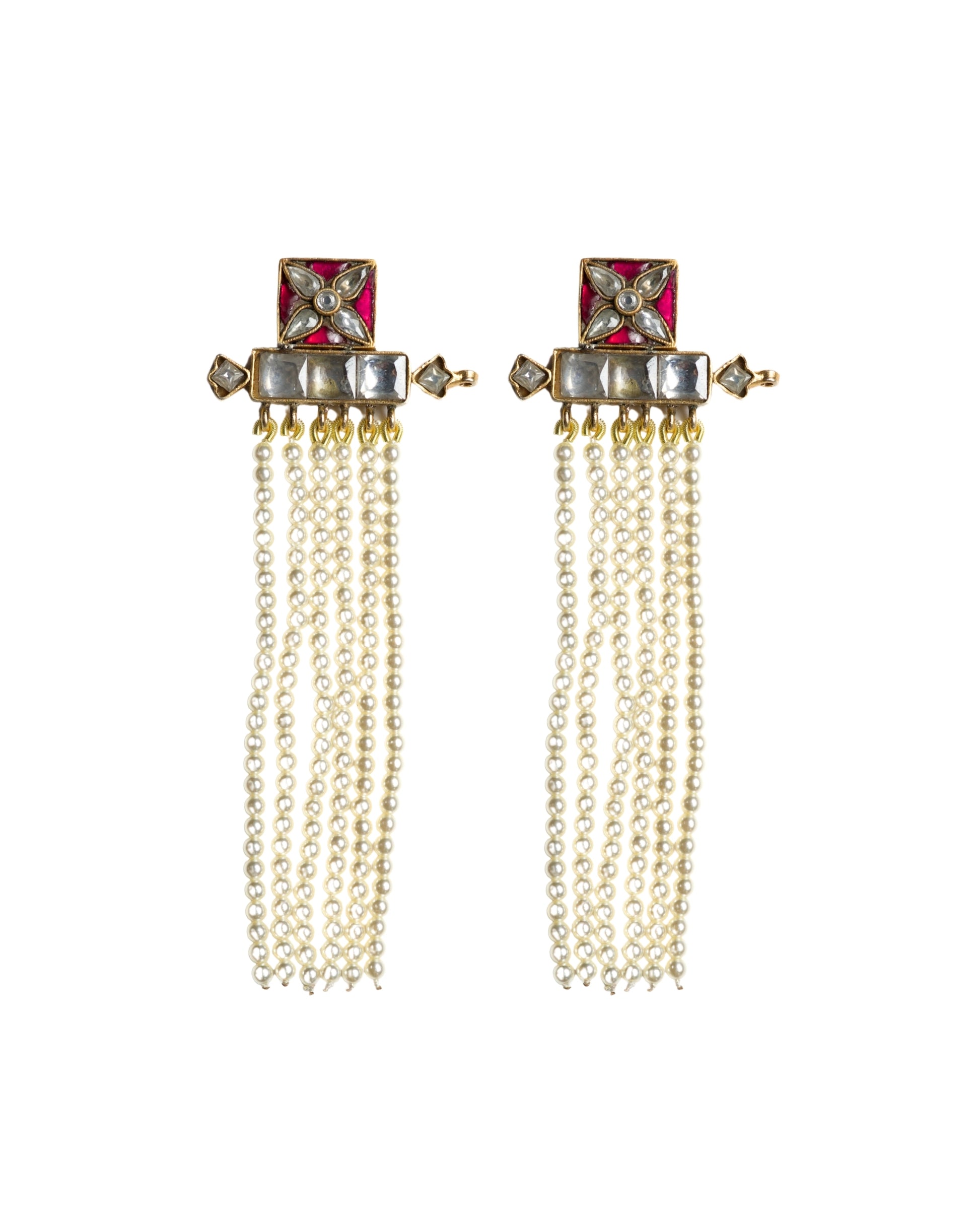 Long pearl tassel earrings in 925 silver with ruby enamel and kundan-style stones