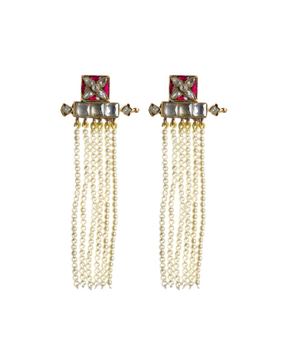 Long pearl tassel earrings in 925 silver with ruby enamel and kundan-style stones