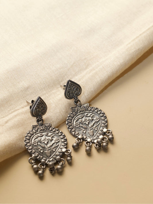 ure 925 Silver Banarasi Paan Earrings with Floral Carving and Gungroo Drops – Naksa