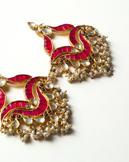 Zoomed bottom of Crimson wave chandelier earrings in 925 silver with red enamel, pearls, and semi-precious stone drops