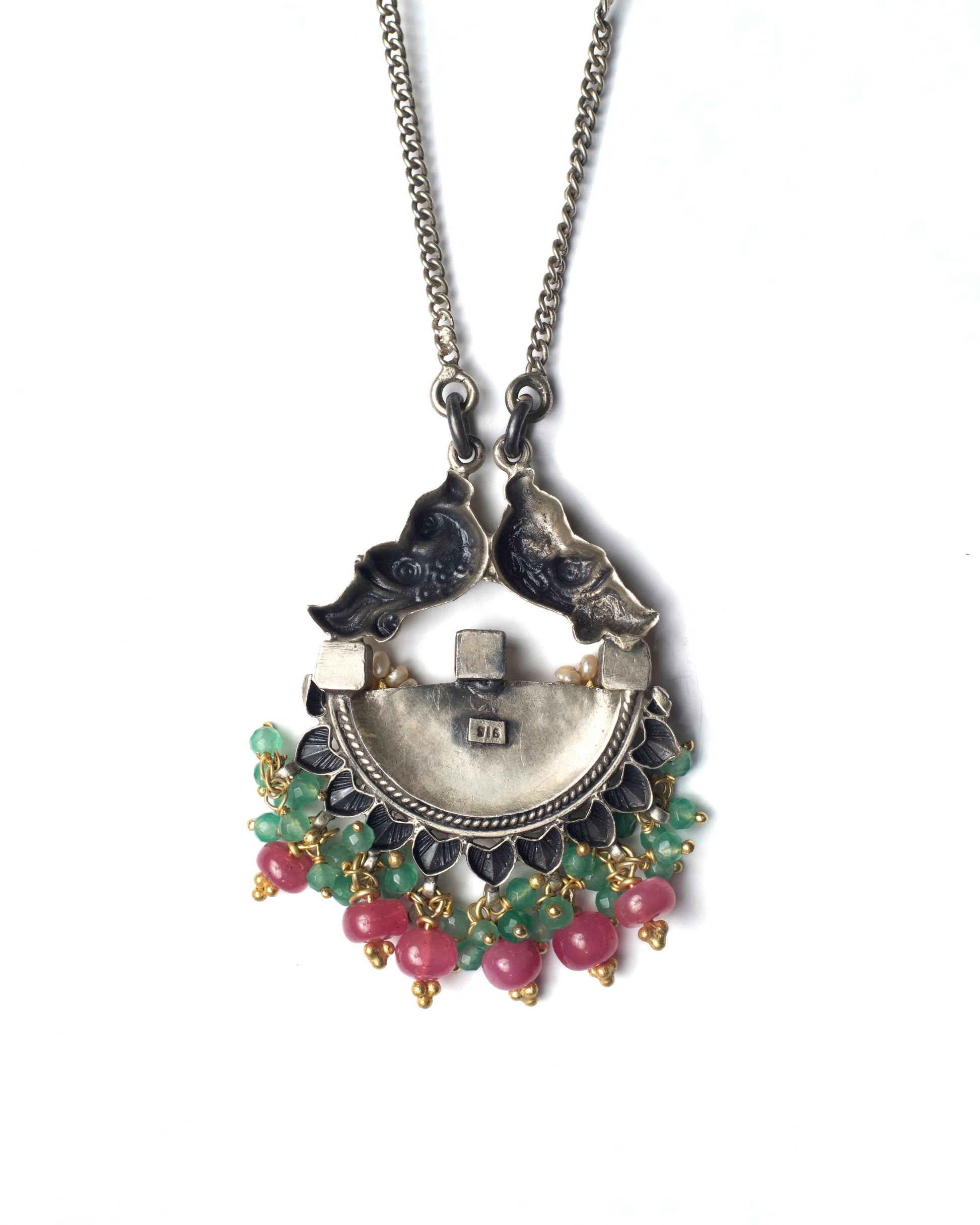 Back of parrot motif and curved kundan stone arc with gemstone drops in silver necklace