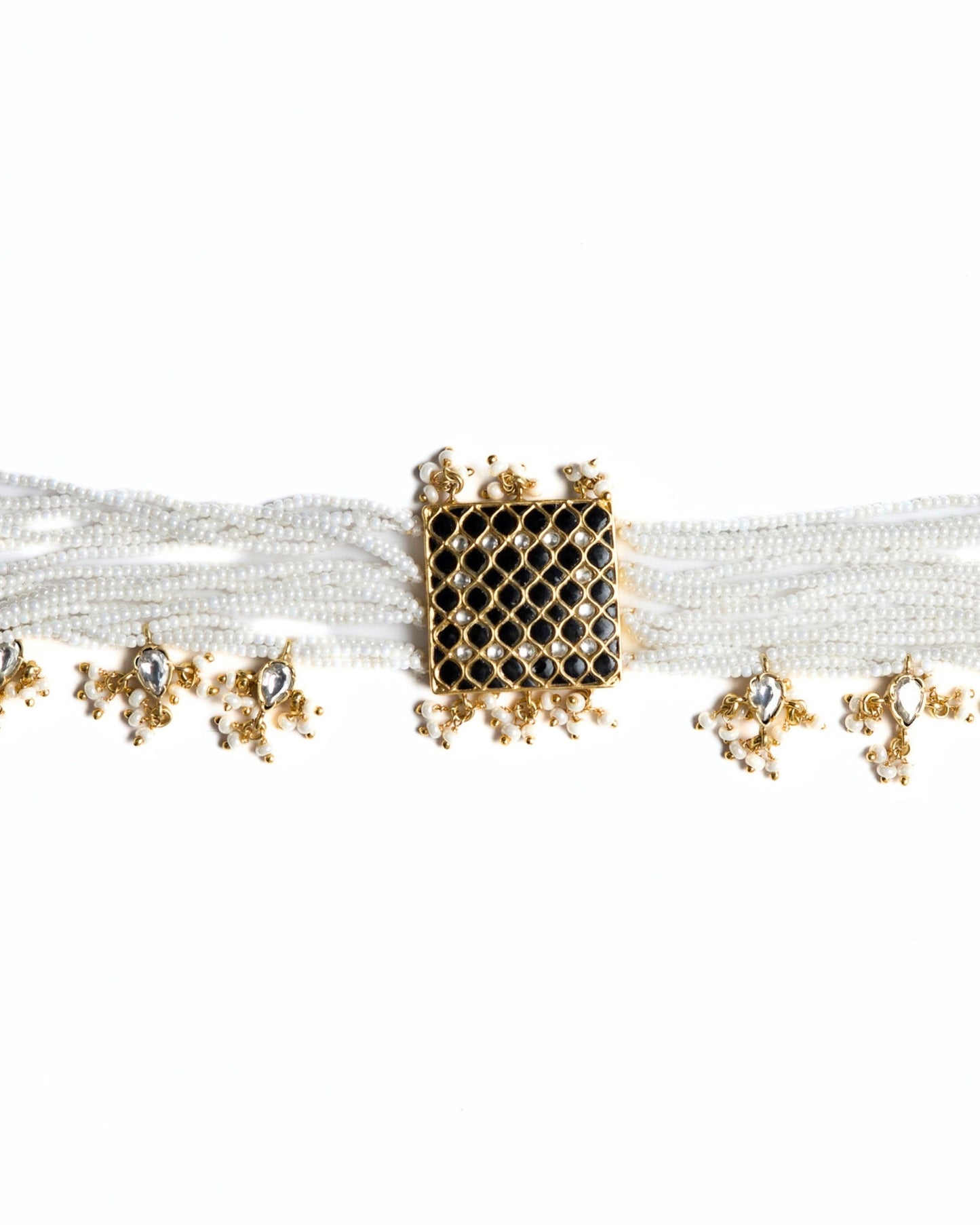 Multi-strand pearl choker in 925 silver with square lattice kundan centre and pearl drop accents