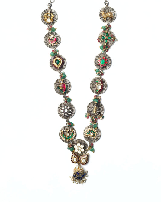Maharani Remix Necklace with circular silver medallions and kundan detailing