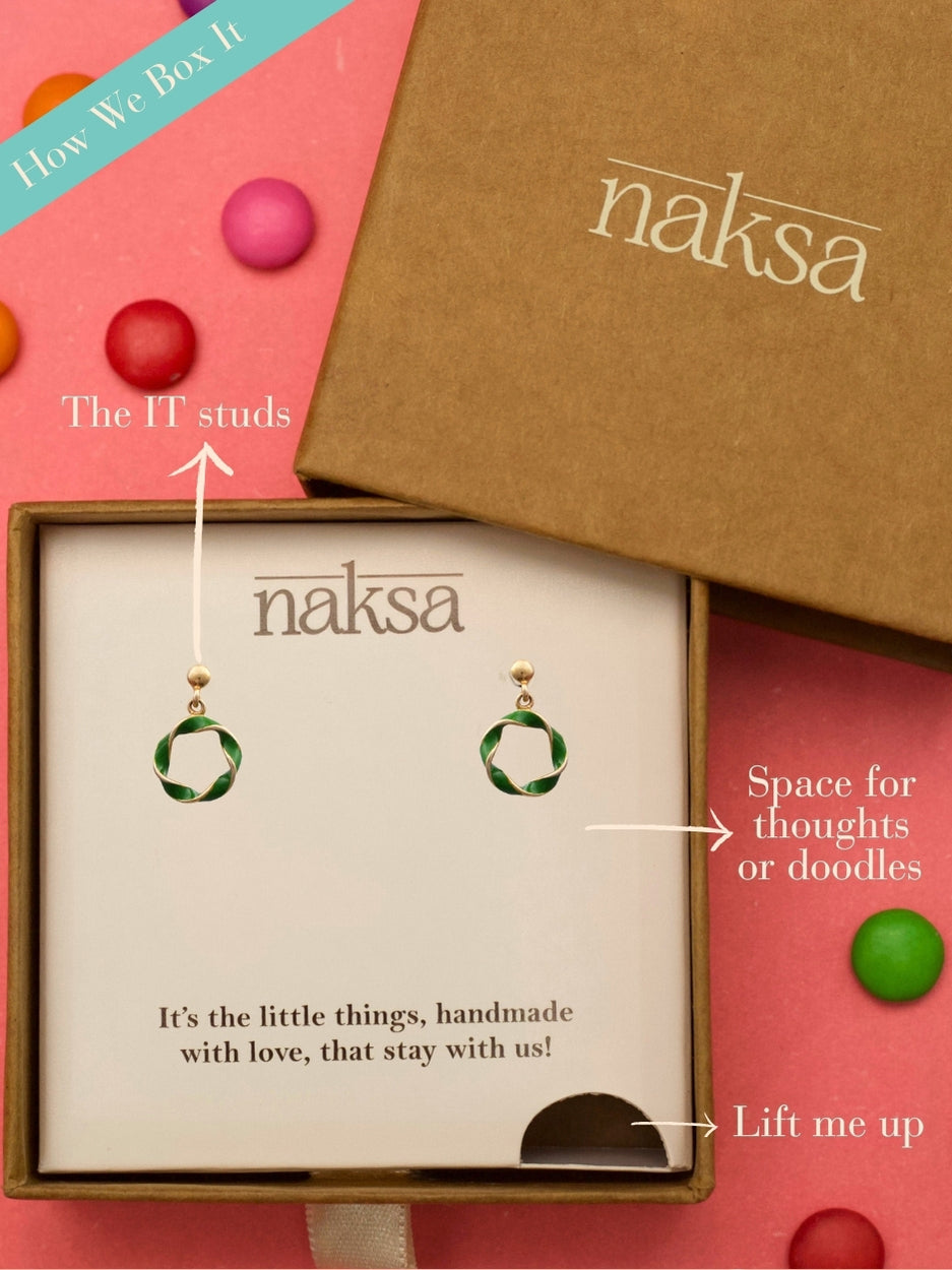 Sweet Loop Studs by Naksa—green hand-enameled 925 silver earrings with twisted loop design and gold polish.