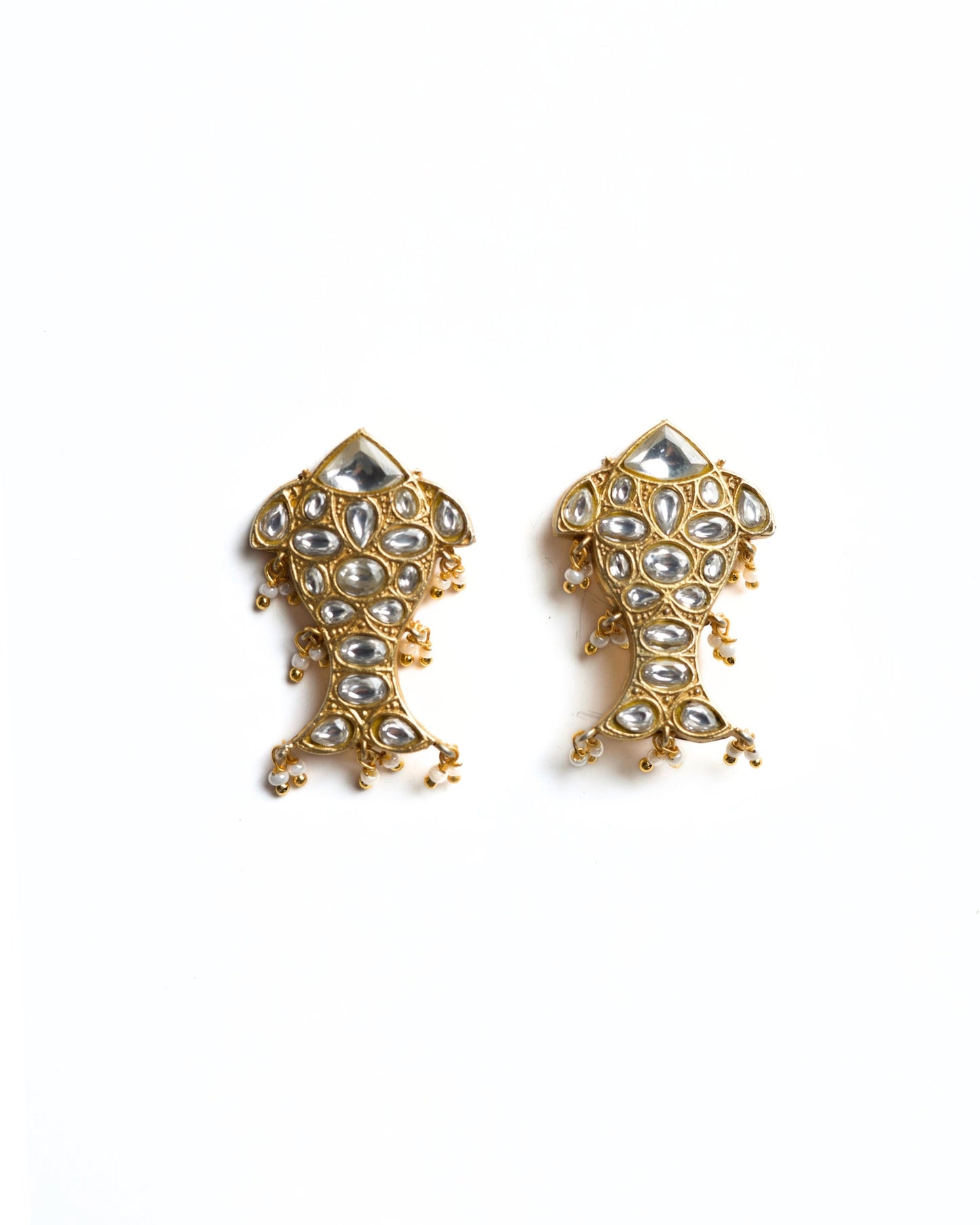 925 silver fish-shaped stud earrings with kundan-style stones and small pearl drops, gold-polished finish, playful festive design.
