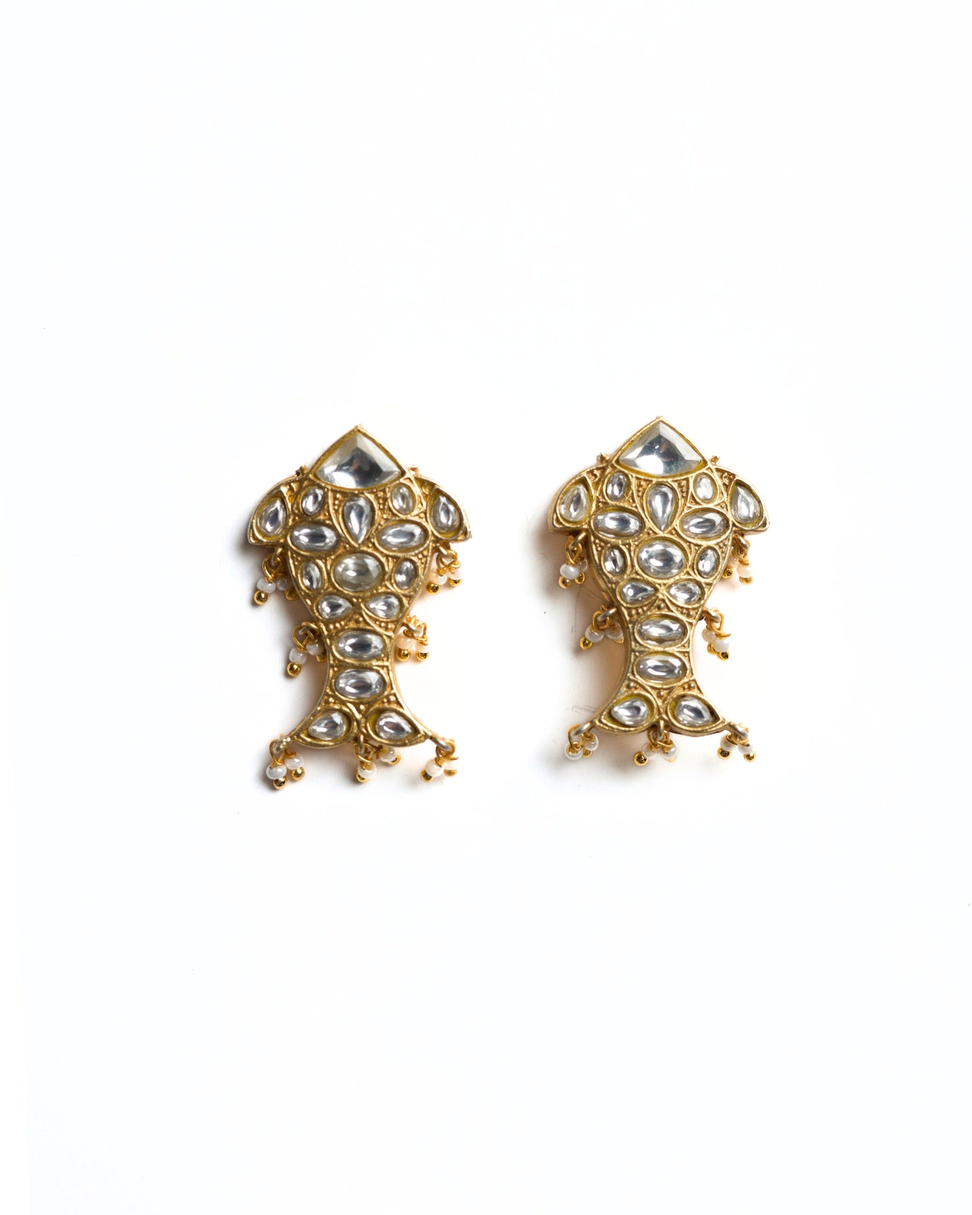 925 silver fish-shaped stud earrings with kundan-style stones and small pearl drops, gold-polished finish, playful festive design.