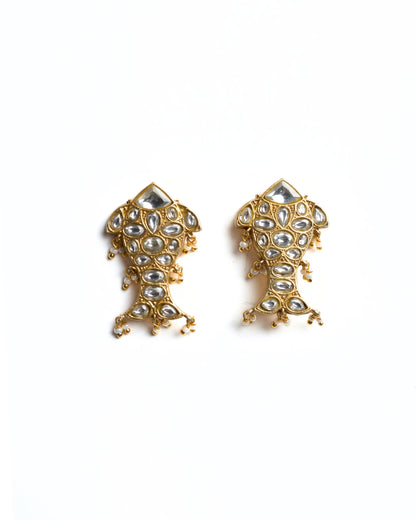 925 silver fish-shaped stud earrings with kundan-style stones and small pearl drops, gold-polished finish, playful festive design.