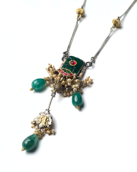 Fernshade Chain Necklace with carved green stone centre, pearl clusters, and green drop detailing in silver