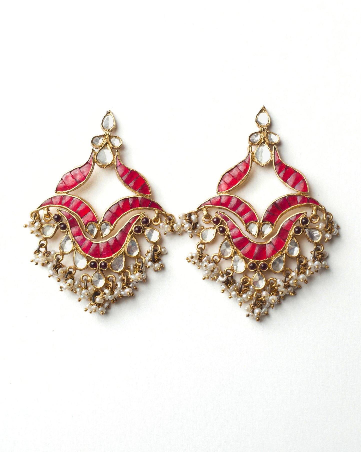 Crimson wave chandelier earrings in 925 silver with red enamel, pearls, and semi-precious stone drops