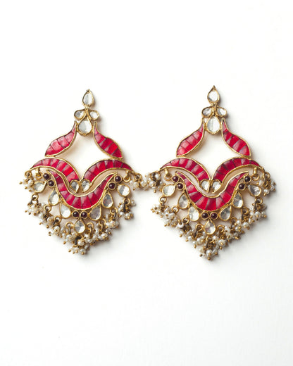 Crimson wave chandelier earrings in 925 silver with red enamel, pearls, and semi-precious stone drops