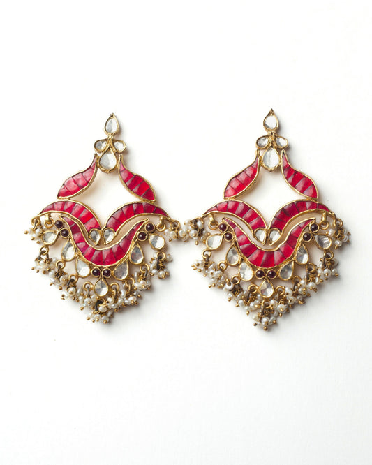 Crimson wave chandelier earrings in 925 silver with red enamel, pearls, and semi-precious stone drops