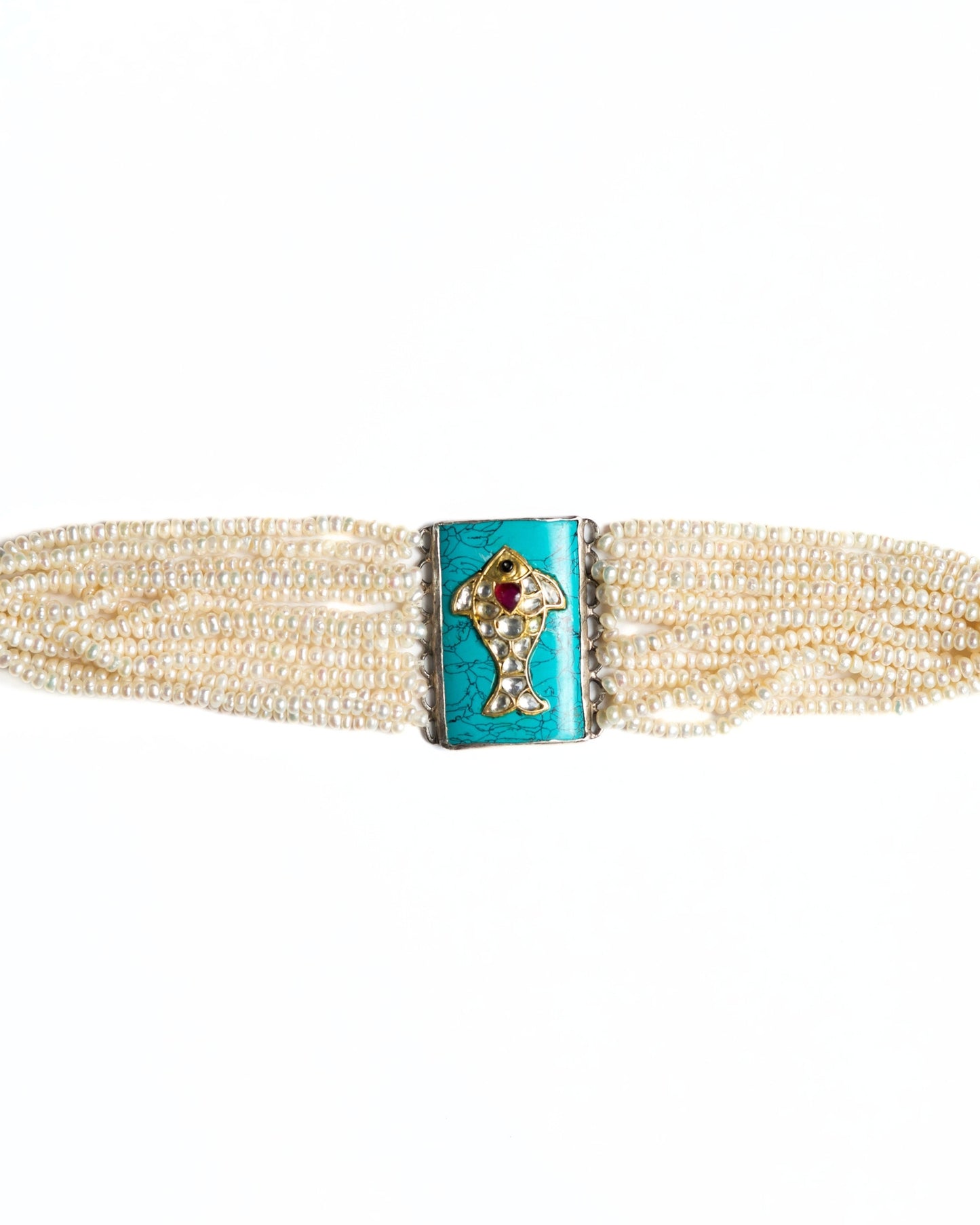Layered pearl choker in 925 silver with turquoise rectangular centre and fish motif set with kundan-style white stones and red accent.