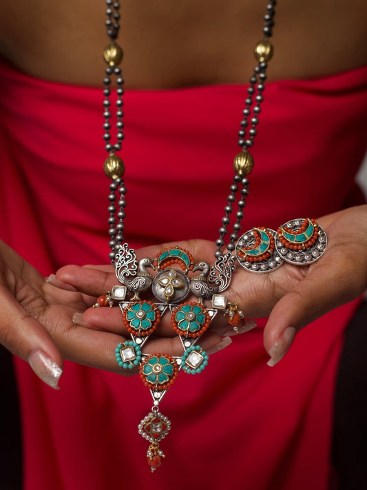 Handcrafted 92.5 silver necklace with floral orange and teal enamel, antique beaded chain, and matching studs – Chandni Bazaar Set by Naksa