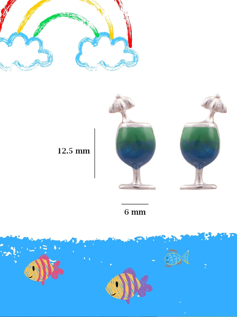 Sip Sip Hooray Studs by Naksa—cocktail glass earrings hand-enameled in green and blue with silver umbrella, crafted in pure 925 silver.