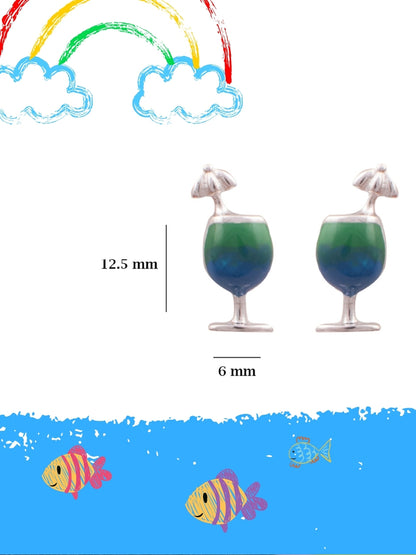 Sip Sip Hooray Studs by Naksa—cocktail glass earrings hand-enameled in green and blue with silver umbrella, crafted in pure 925 silver.