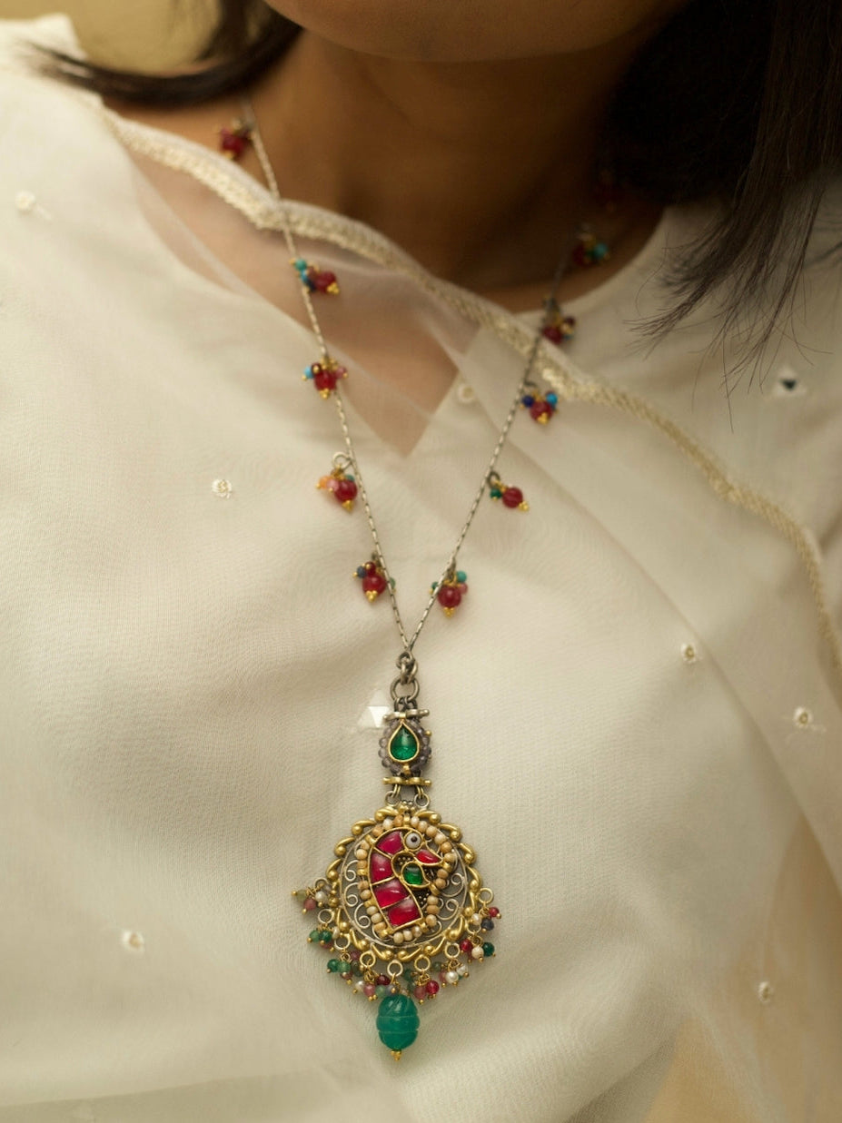 Mrigjaal Pure Silver Necklace with Kundan Peacock Pendant and Stone Beaded Mala