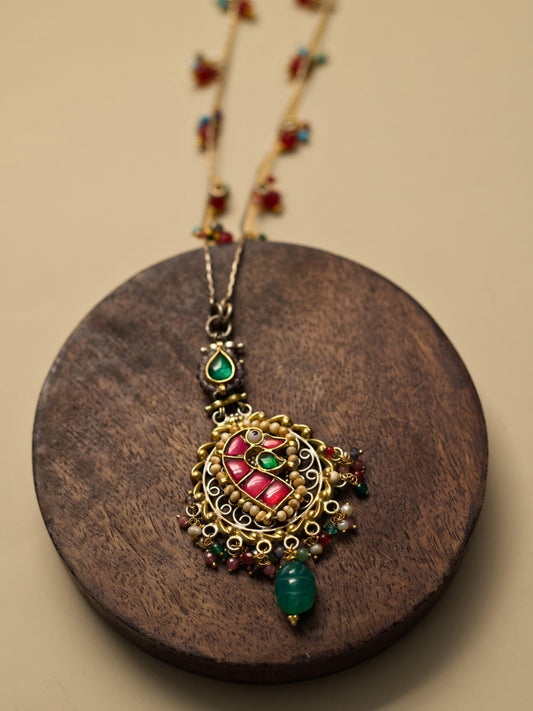 Mrigjaal Pure Silver Necklace with Kundan Peacock Pendant and Stone Beaded Mala