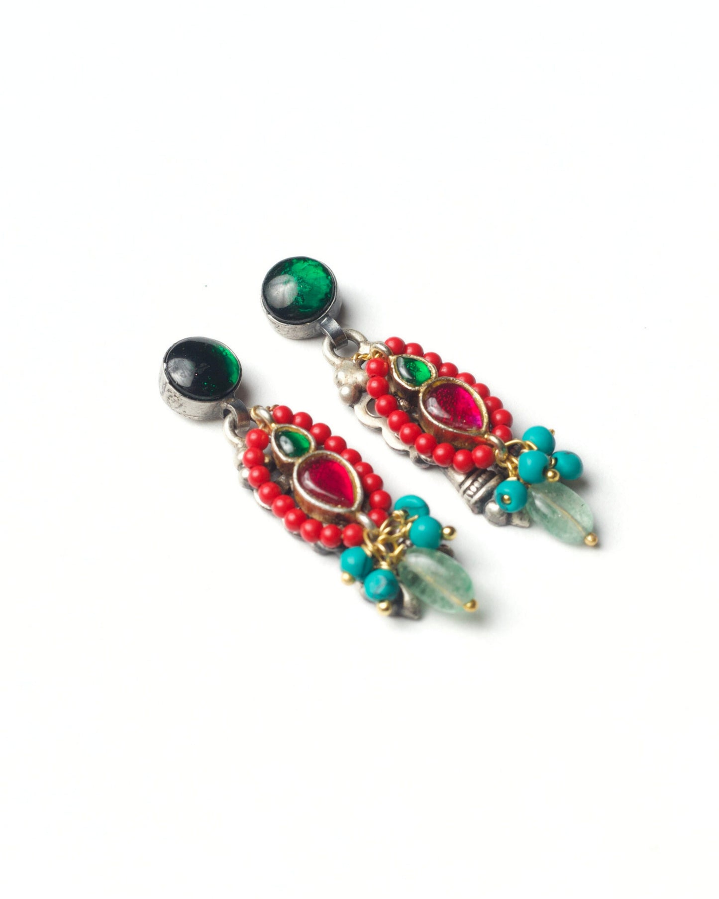 Side shot of Gem Loop Drops handcrafted in 925 silver with semi-precious stones and gold-polished details, fusion silver jewellery by Naksa