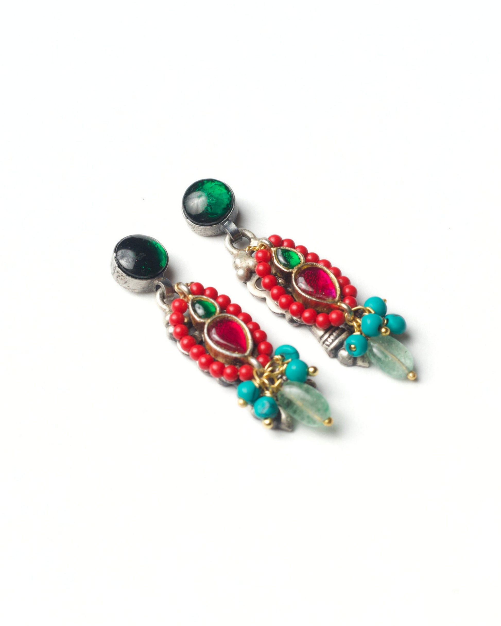 Side shot of Gem Loop Drops handcrafted in 925 silver with semi-precious stones and gold-polished details, fusion silver jewellery by Naksa