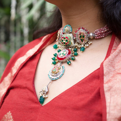 Naksa - Nandini's Fav Crown of Fire Choker, 92.5% Pure Silver Royal Gemstone Choker