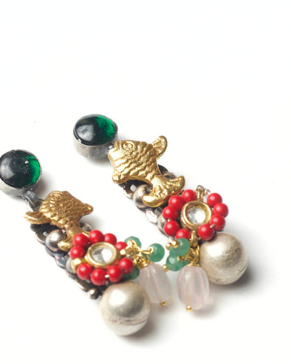 Zoomed image of Handcrafted 925 silver fish drop earrings with semi-precious stones and gold-polished detailing – Naksa fusion silver jewellery