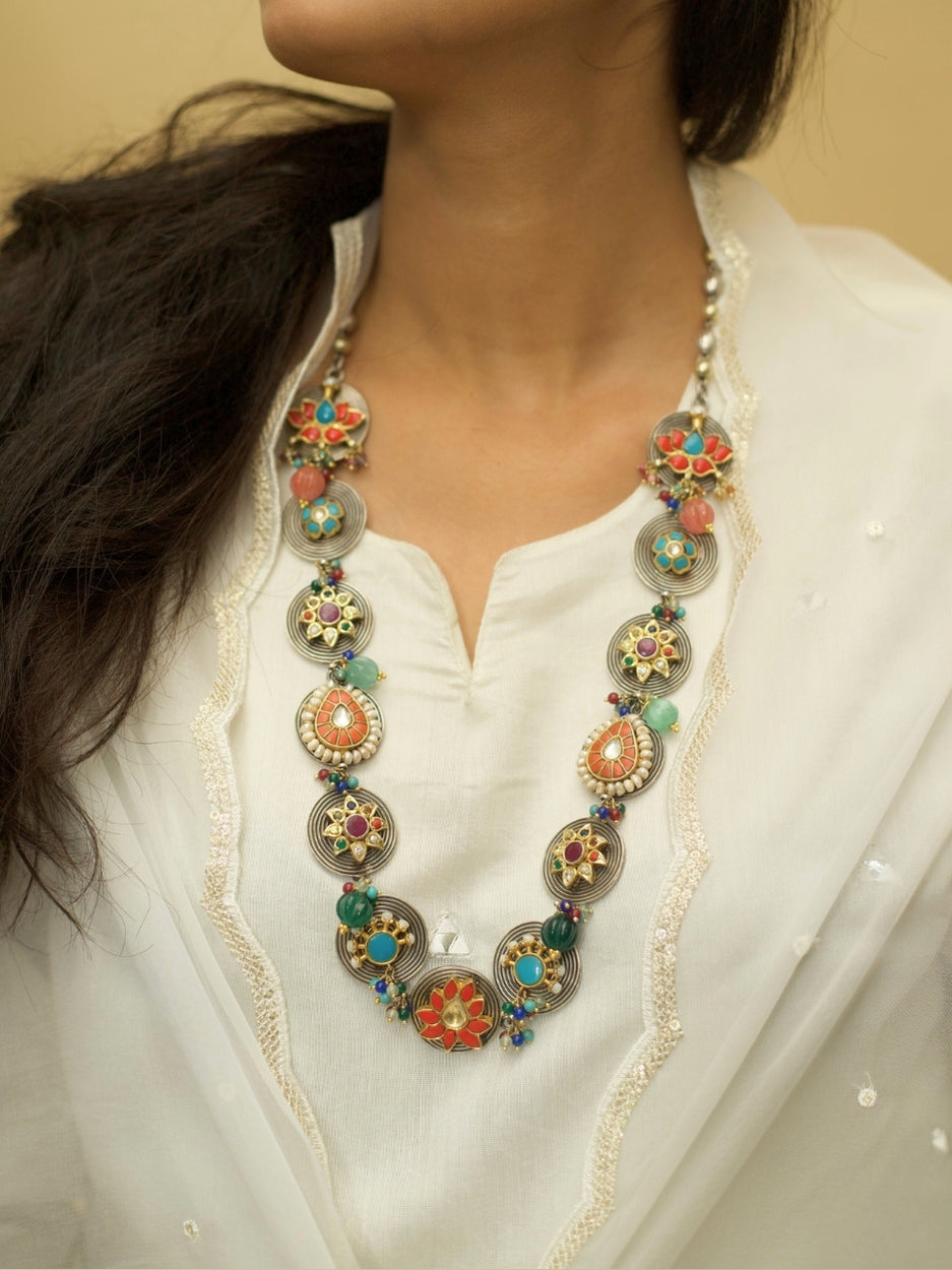 Long Maharani Necklace in 92.5 Pure Silver with Floral and Navratan Motifs on Oxidized Coin Base