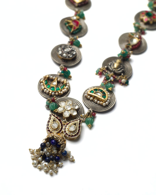 Handcrafted silver necklace with enamel, kundan work, and layered medallions