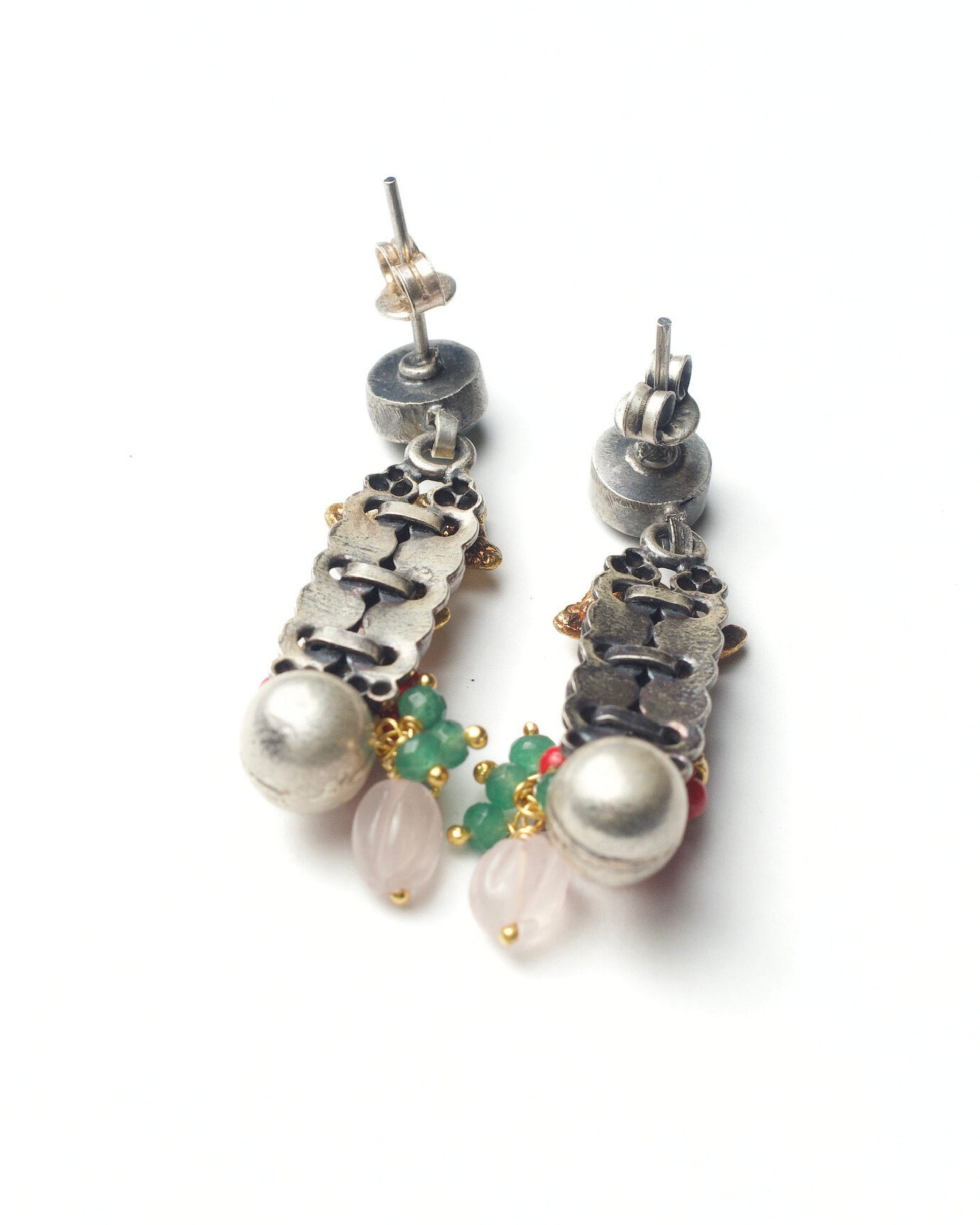 Back of Handcrafted 925 silver fish drop earrings with semi-precious stones and gold-polished detailing – Naksa fusion silver jewellery