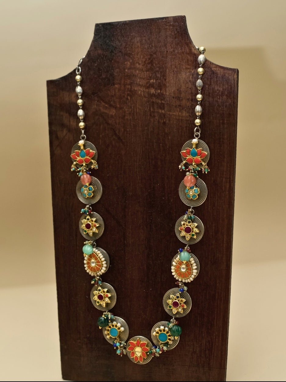 Long Maharani Necklace in 92.5 Pure Silver with Floral and Navratan Motifs on Oxidized Coin Base