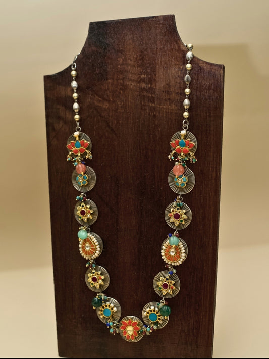 Long Maharani Necklace in 92.5 Pure Silver with Floral and Navratan Motifs on Oxidized Coin Base