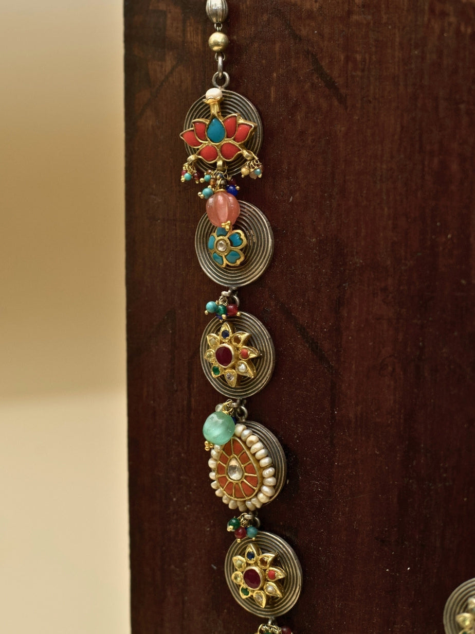 Long Maharani Necklace in 92.5 Pure Silver with Floral and Navratan Motifs on Oxidized Coin Base

