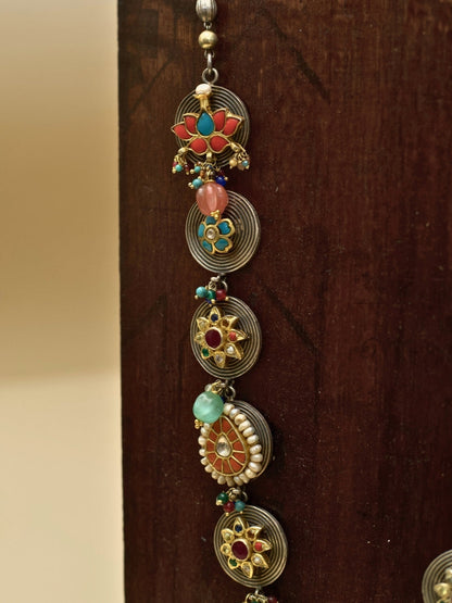Long Maharani Necklace in 92.5 Pure Silver with Floral and Navratan Motifs on Oxidized Coin Base

