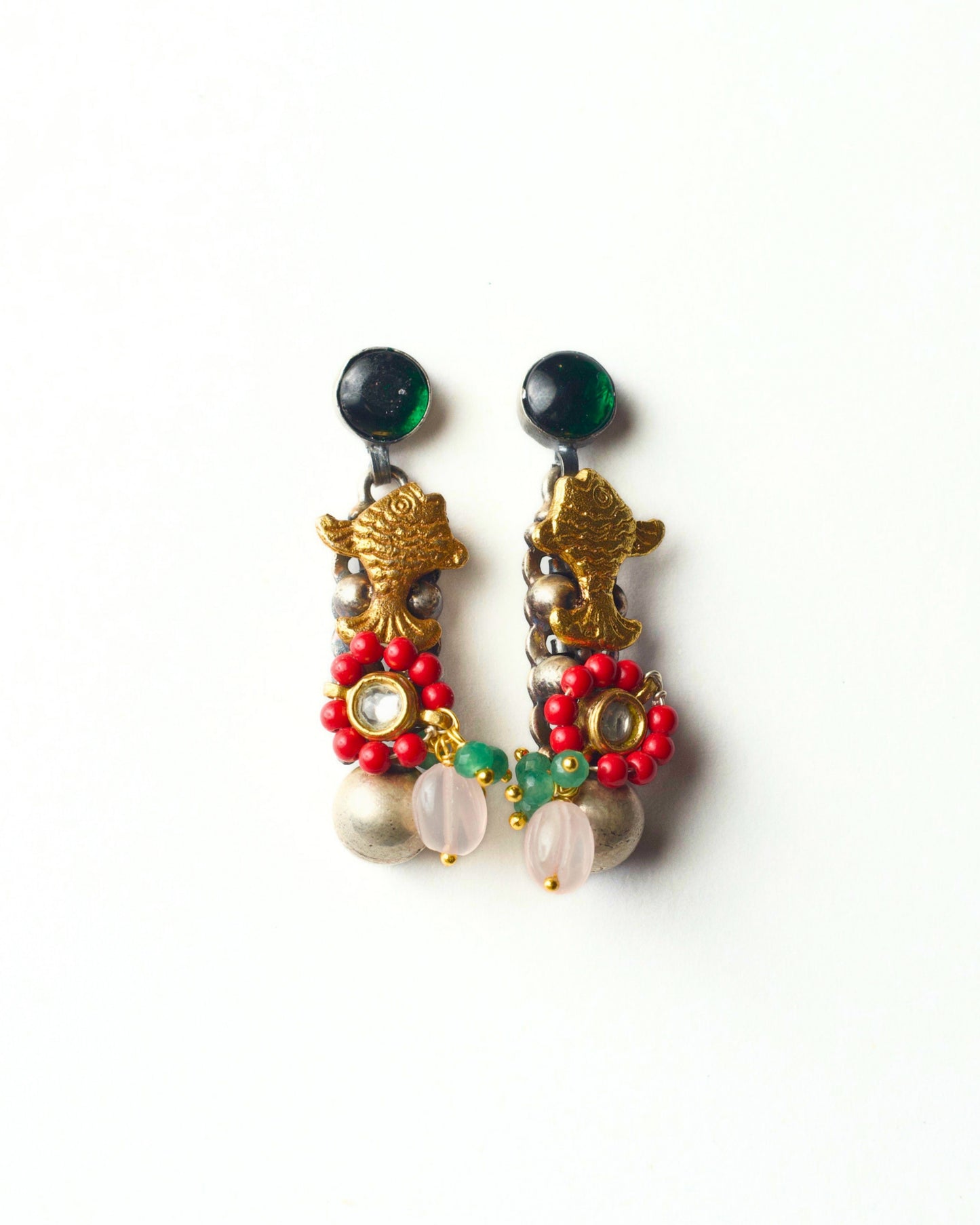 Handcrafted 925 silver fish drop earrings with semi-precious stones and gold-polished detailing – Naksa fusion silver jewellery