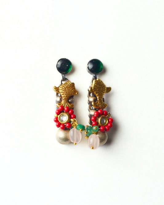 Handcrafted 925 silver fish drop earrings with semi-precious stones and gold-polished detailing – Naksa fusion silver jewellery