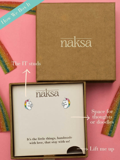 Gallop & Glow Studs by Naksa—unicorn-shaped 925 silver earrings hand-enameled with rainbow mane detailing, crafted for dreamers.