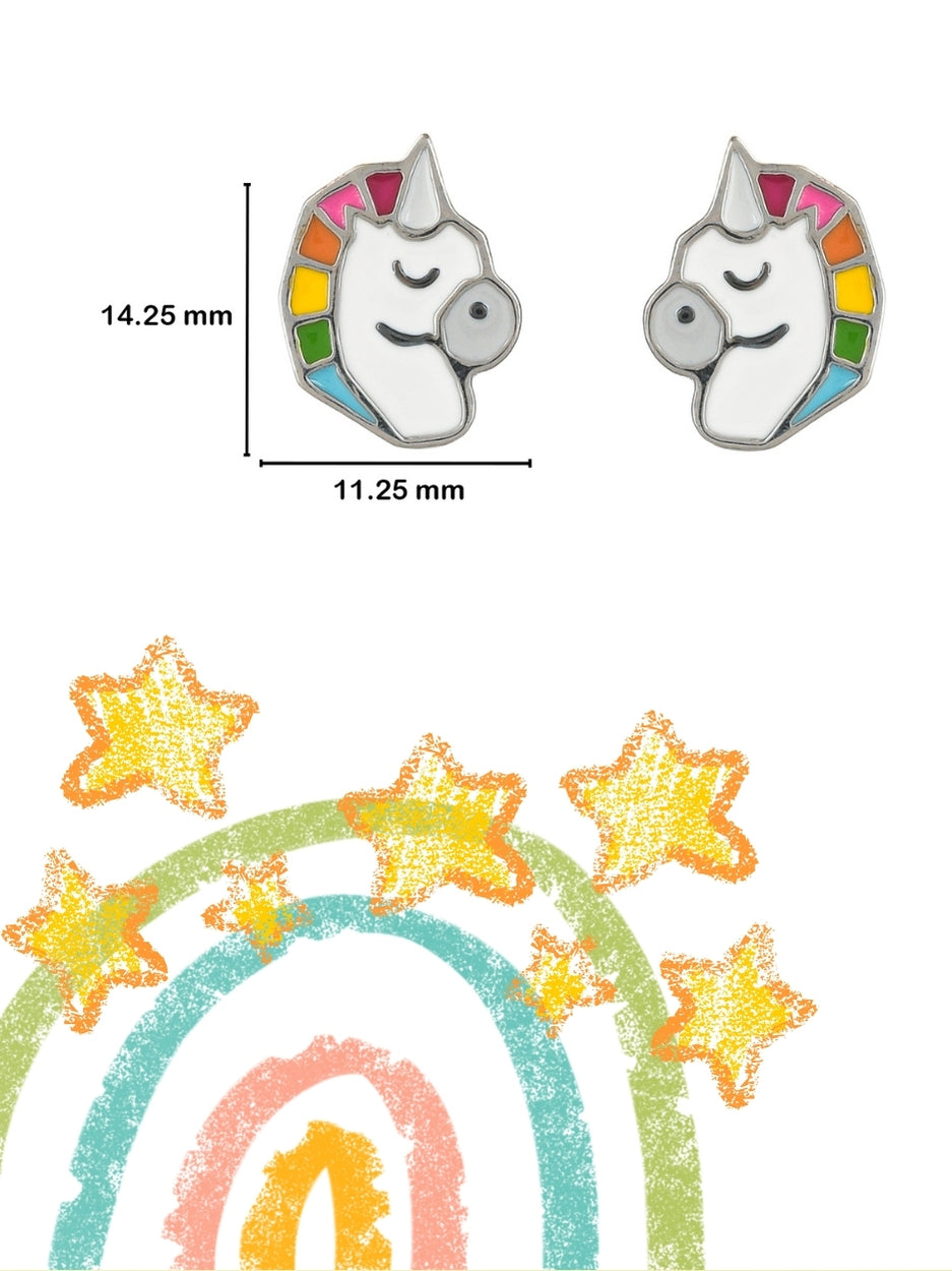Gallop & Glow Studs by Naksa—unicorn-shaped 925 silver earrings hand-enameled with rainbow mane detailing, crafted for dreamers.