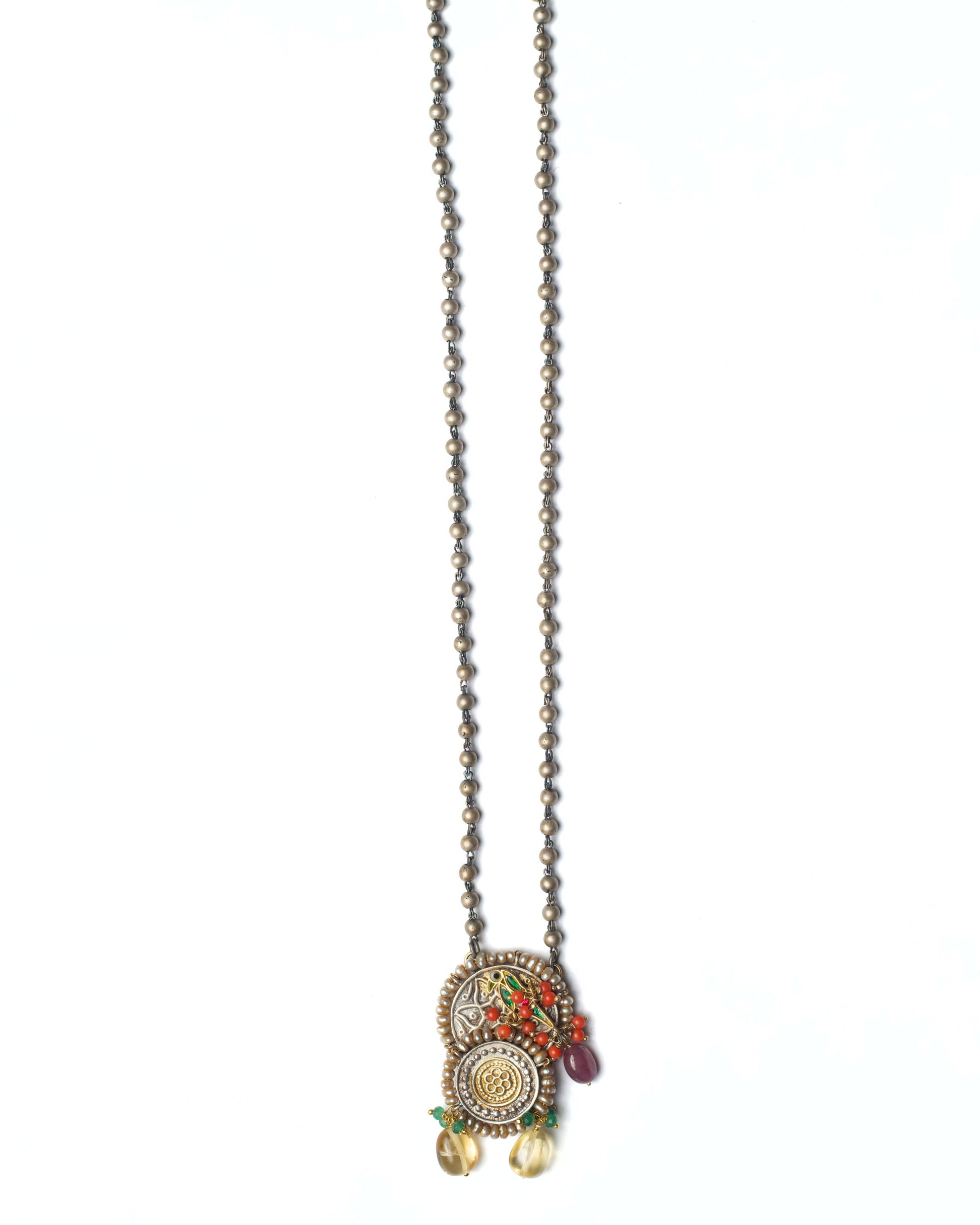 Antique-finish silver chain detail of the Rustwing Coin Necklace with bead-linked construction
