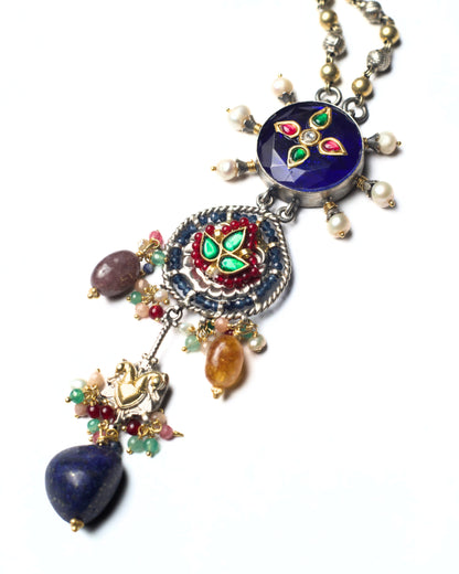Close-up of indigo stone pendant with kundan setting and pearl detailing in the Indigo Eye Chain Necklace