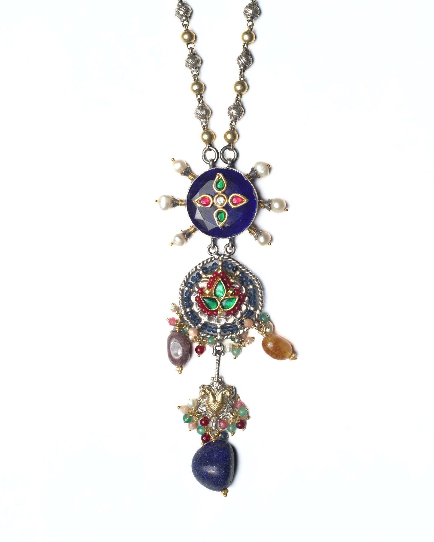 Indigo Eye Chain Necklace in pure 925 silver with indigo stone, kundan detailing, pearl accents, and gemstone drops