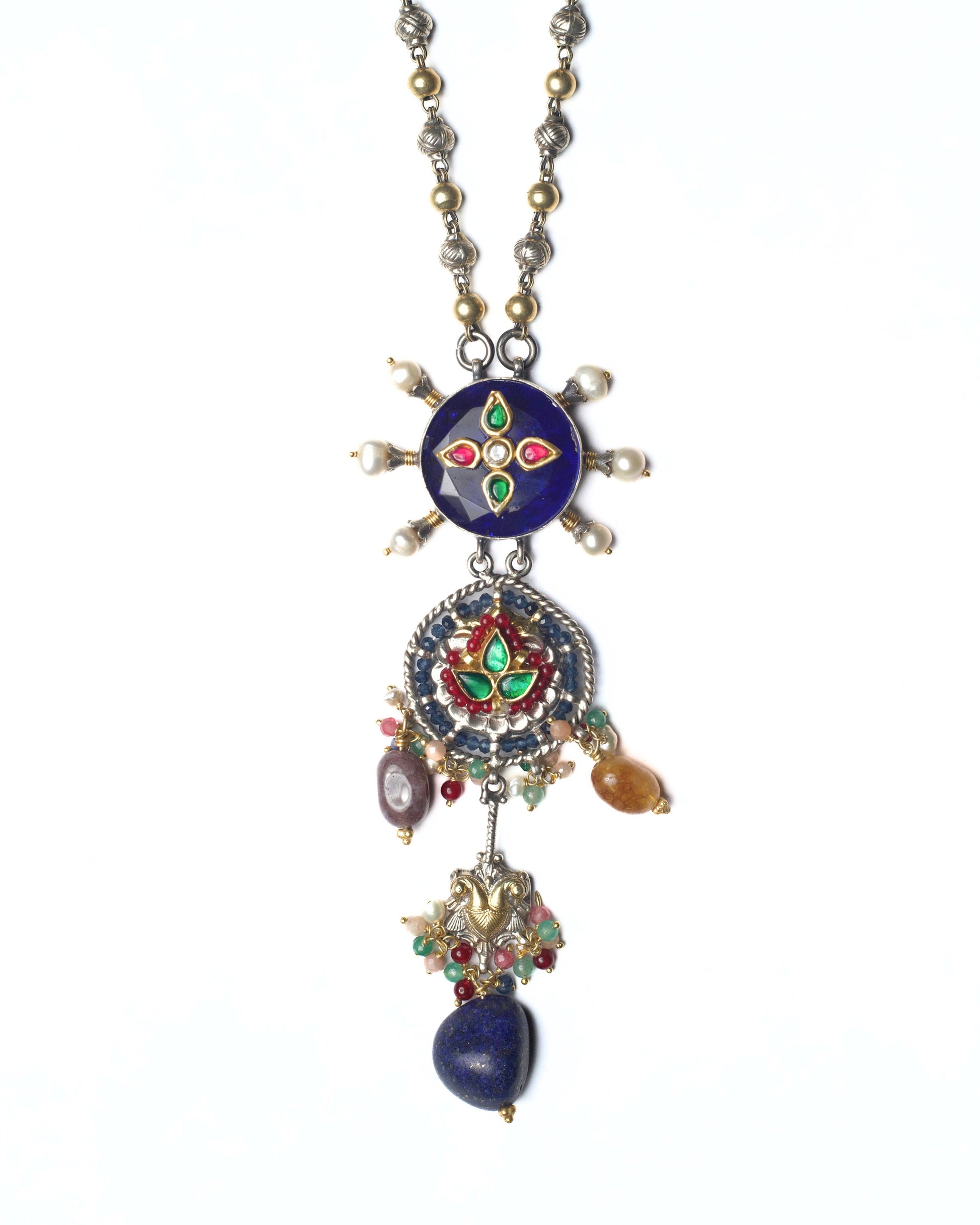 Indigo Eye Chain Necklace in pure 925 silver with indigo stone, kundan detailing, pearl accents, and gemstone drops