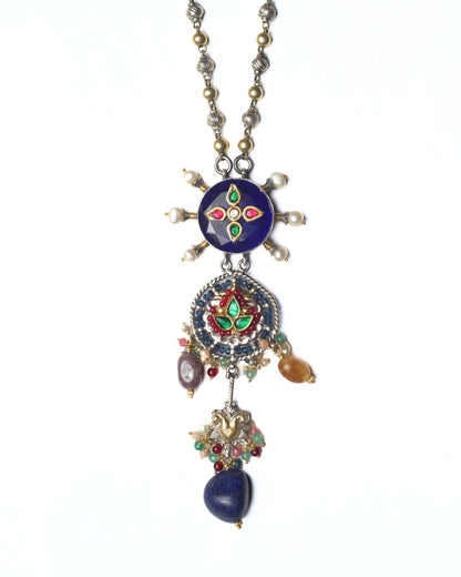 Indigo Eye Chain Necklace in pure 925 silver with indigo stone, kundan detailing, pearl accents, and gemstone drops