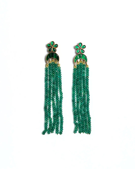 Green stone tassel earrings in 925 silver with gold polish, featuring floral stud top and cascading emerald bead strands.