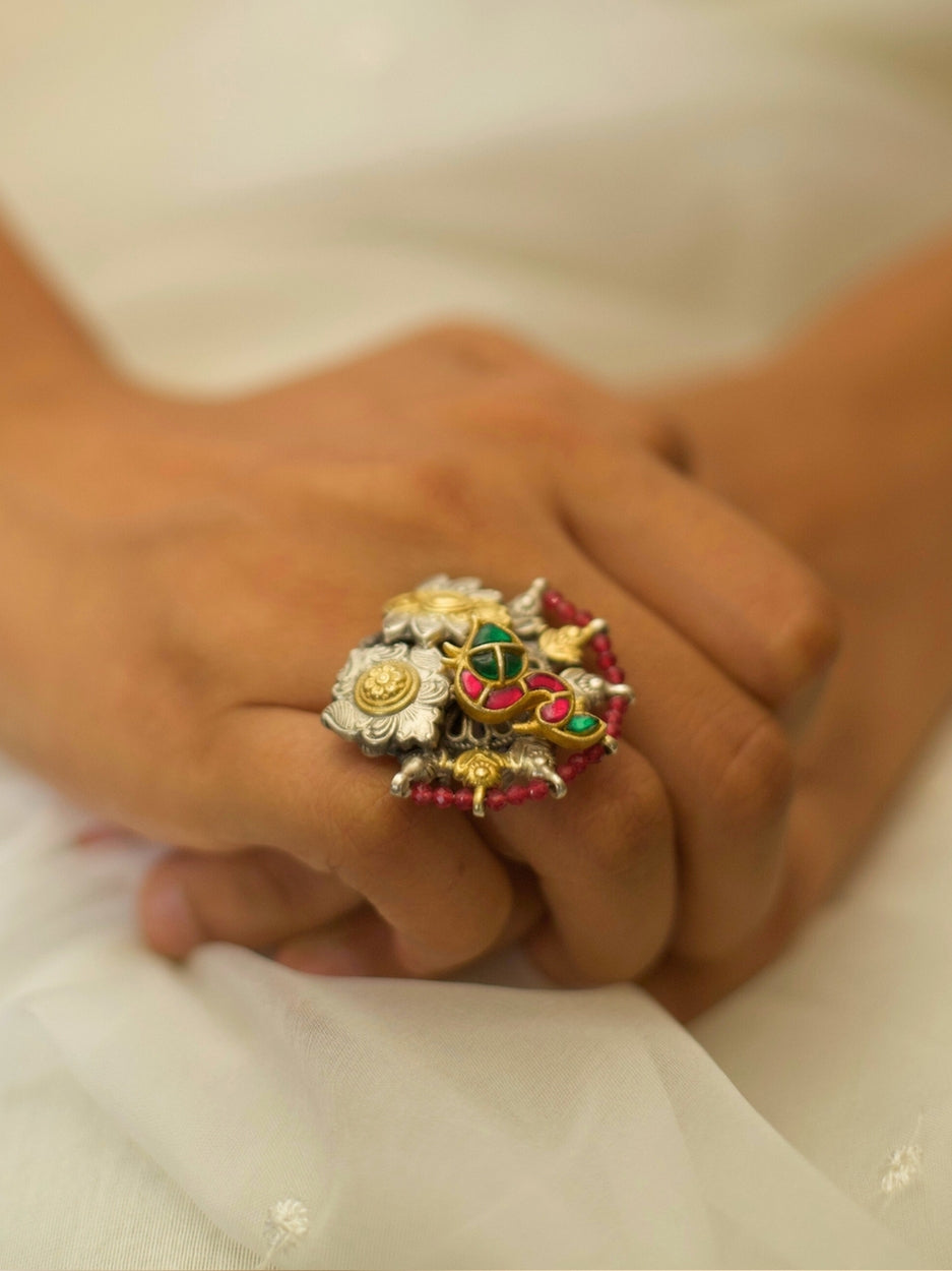 The Dawn Ring – 925 Pure Silver Adjustable Ring with Peacock Motif and Two-Tone Mango Design
